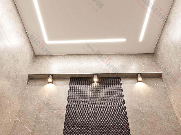 Матовый потолок со световыми линиями в ванной 5.2 м2